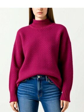Zesica Chunky Turtleneck knitted oversized pullover sweater, Raspberry Size S